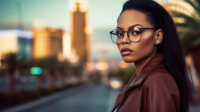 Striking Fashion Portrait of African American Woman Wearing Luxury Eyewear in City Background  - Eyewear Concept - Generative AI