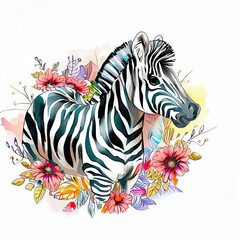 Fototapeta na wymiar Zebra Illustration with Watercolor Flowers, Generative AI