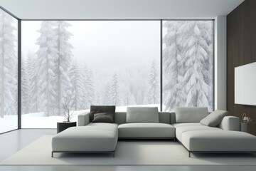 cozy living room with a comfortable couch and a large window Generative AI