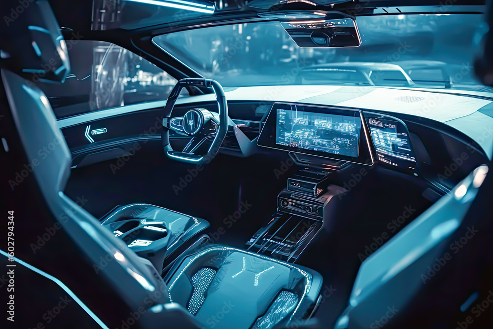 Wall mural cockpit of futuristic autonomous car, generative ai