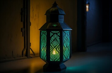 Islamic lantern. Eid Mubarak banner poster. green Islamic lantern. Generative Ai 