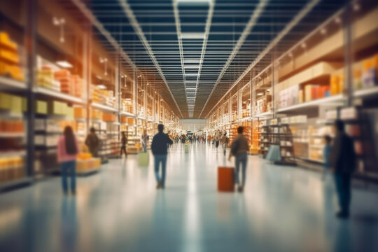 abstract blurred big mall aisle with customer, generative ai