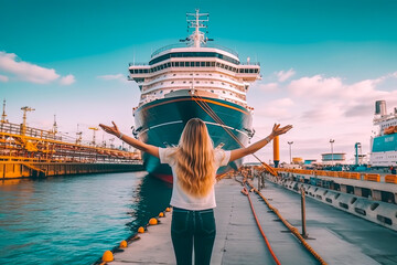 back view of traveler girl with arms up standing in front of a cruise ship, travel concept, cheerful, generative ai - obrazy, fototapety, plakaty