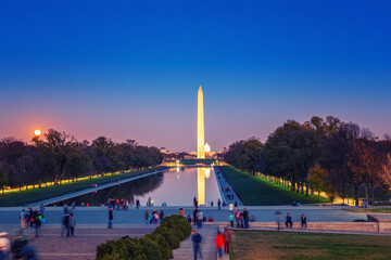Washington Monument and pool in Washington DC at night, USA