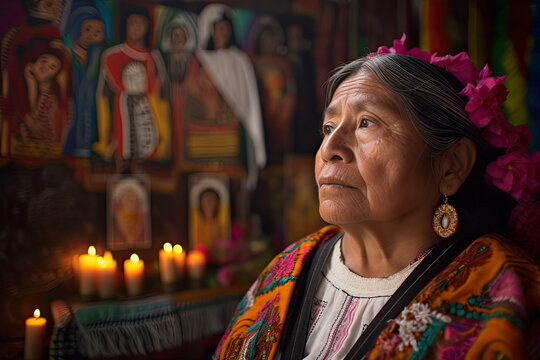 Generative AI illustration of serious aged Native American Indian female in traditional clothes praying and looking away while standing near burning candles and Christian Catholic icons