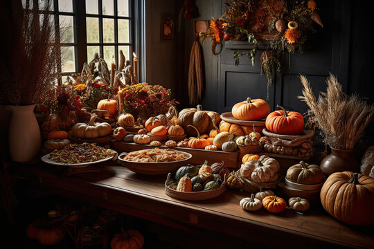 Generative AI illustration of a harvest feast with a cornucopia of pumpkins flower arrangements placed on a table in a cozy country room