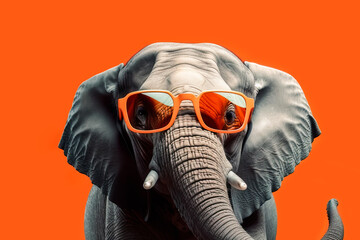 Generative AI illustration of wild gray elephant in trendy sunglasses against orange background