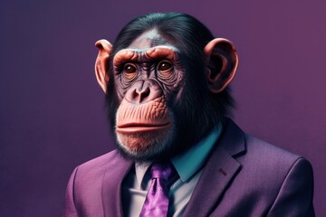 Anthropomorphic chimp dressed in a suit like a businessman. business concept. AI generated, human enhanced - obrazy, fototapety, plakaty