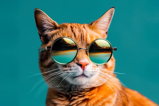 Generative AI illustration of adorable tabby ginger cat with round sunglasses looking away against blue background