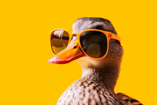 Generative AI illustration of stylish funny duck with orange beak wearing sunglasses looking away against yellow background