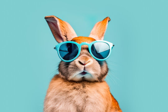 Generative AI illustration of cute fluffy domestic rabbit with long ears wearing blue stylish sunglasses against turquoise background