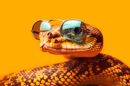 Generative AI illustration of trendy snake with spots and sunglasses on bright yellow background
