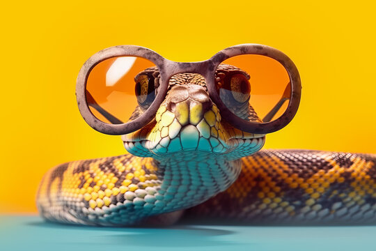 Generative AI illustration of trendy snake with spots and sunglasses
