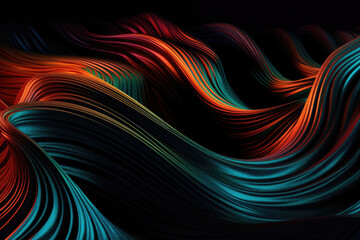 Generative AI illustration of abstract multicolored wavy ornament with shiny gradient colorful lines forming black background