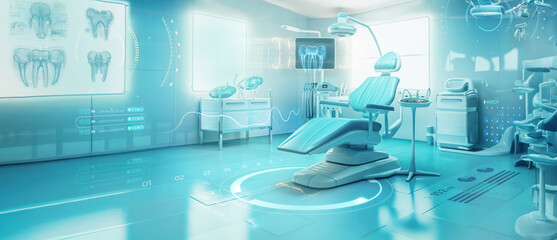 dental chair and medical diagnosis machine equipment at hospital health care dentistry as wide banner with copy space area - Generative AI - obrazy, fototapety, plakaty