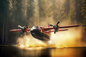 AI generated illustration of red water bomber floating with splashes on rippling surface of lake surrounded by coniferous trees
