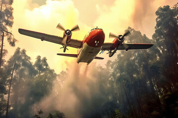 From below of airplane dropping water in forest against cloudy sky during sunset created with generative AI technology