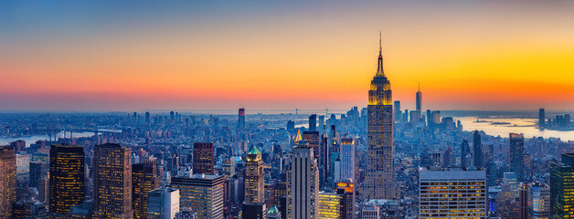 Aerial view of New York City Manhattan at sunset - 602796394