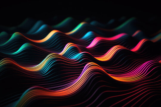 Generative AI illustration of abstract multicolored wavy ornament with shiny gradient colorful lines forming black background