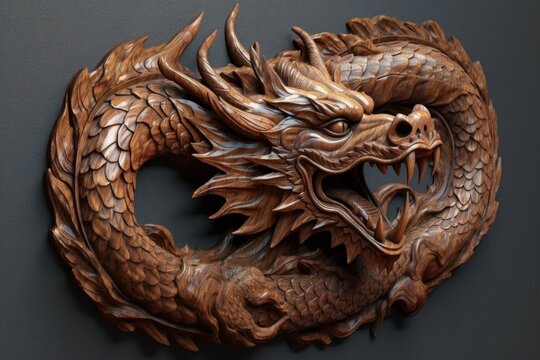 Dragon carved from mahogany wood. AI generated, human enhanced