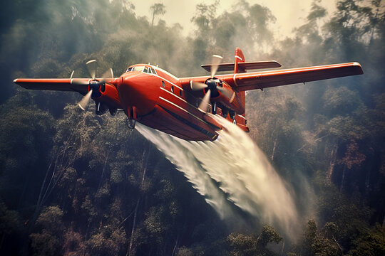 Water bomber dropping water retardants over green trees in forest created with generative AI technology