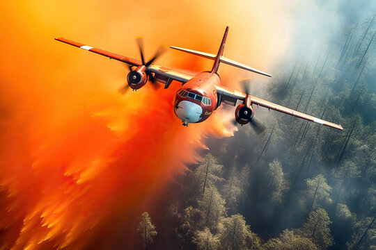 Water bomber dropping orange colored flame retardants over green trees in forest created with generative AI technology