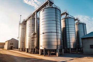 silver silos of granary elevator on agro-process, generative ai