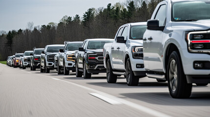 Fototapeta na wymiar a long line of trucks driving down a highway. Generative Ai