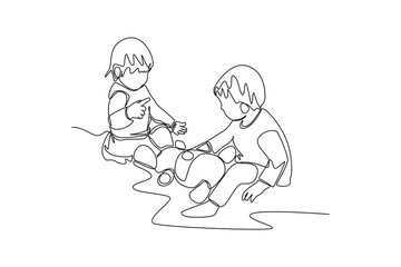 Single one line drawing happy toddler kids playing with toy. Educational games kids concept. Continuous line draw design graphic vector illustration.