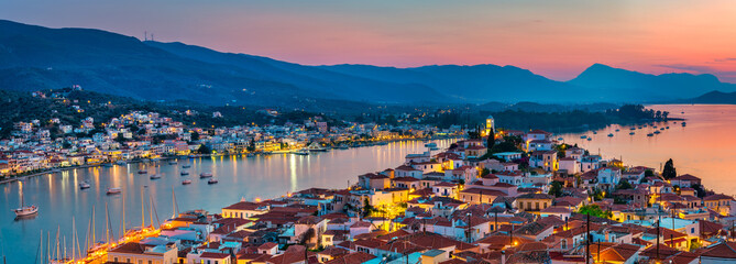Panoramic view of greek town Poros at sunset, Greece