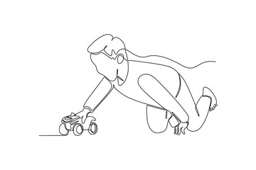 Single one line drawing happy toddler kids playing with toy. Educational games kids concept. Continuous line draw design graphic vector illustration.