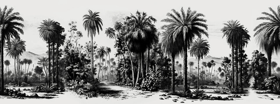 Vintage wallpaper pattern an oasis of palm trees, mountains with birds with a black and white background - AI generative