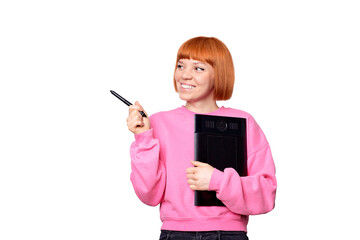 Female designer in pink sweetshot holding graphic tablet.