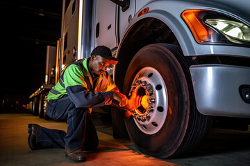 Fototapeta na wymiar a mechanic working on a truck tire at night. Generative Ai