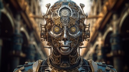 A robot with gold metal eyes and a face with gold metal gears, generative AI