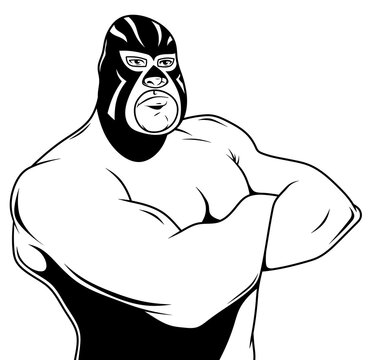recommend clip art: Cartoon wrestler crossed his arms over his chest. Mexican masked wrestler. Drawn muscular wrestler.