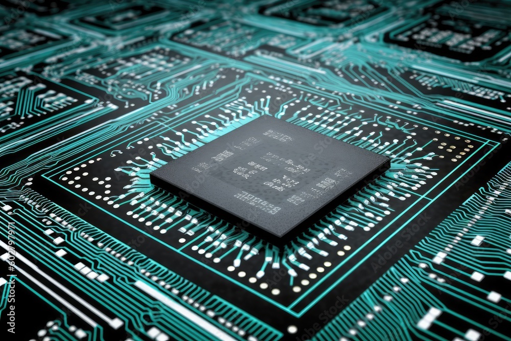 Poster close-up view of a printed circuit board with a microchip generative ai