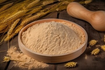 wheat flour and a wooden spoon in a bowl Generative AI