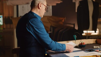 Old craftsman making clothing items, looking at drawings in tailor workshop to create custom made clothes. Experienced couturier working with tools and skill, craftsmanship. Handheld shot.