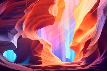 Mesmerizing digital illustration of the beautiful Antelope Canyon, featuring smooth lines, vibrant colors, and captivating rays of light. The realistic depiction, Generative AI