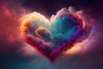 A beautiful and colorful Valentine's Day heart formed in the clouds, creating an abstract and romantic background. A visual representation of love and joy in the sky. Generative AI.