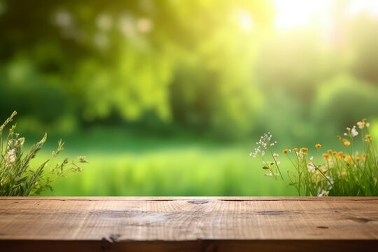 A product table placed near a lush green field of grass, offering a natural and refreshing backdrop. An inviting space to showcase products in a serene and harmonious environment. Generative AI.