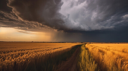 Storm, Hurricane, Tornado. Dark clouds hanging over a wheat field	