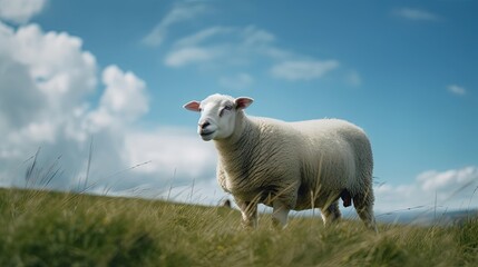 portrait sheep in meadow with blue sky by ai generative - obrazy, fototapety, plakaty