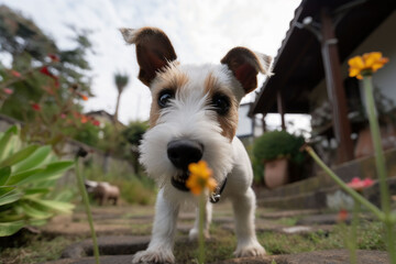 Japanese Terrier puppy playing in the garden, Generative AI