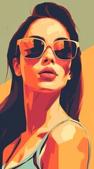 Fototapeta na wymiar Flat beautiful vector face of woman with sunglasses, summer holiday poster in minimalism style, vector flat illustration. Generative Ai