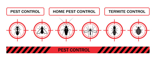 Pest control. Icon set. Insect repellent emblem. Isolated prohibition and warning signs about harmful insects, cockroaches, flies, ticks, termites. Pest and insect control in the home. Isolated - 602799386