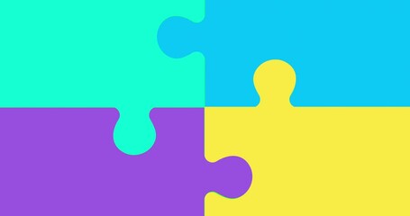 Simple puzzle animation on green background. the four pieces of the puzzle come together and then diverge.