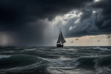 Fototapeta na wymiar Photorealistic ai artwork of a sailing ship at sunset in a rough and stormy sea. Generative ai.