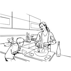 mother and son cookin in the kitchen, vector sketch illustration